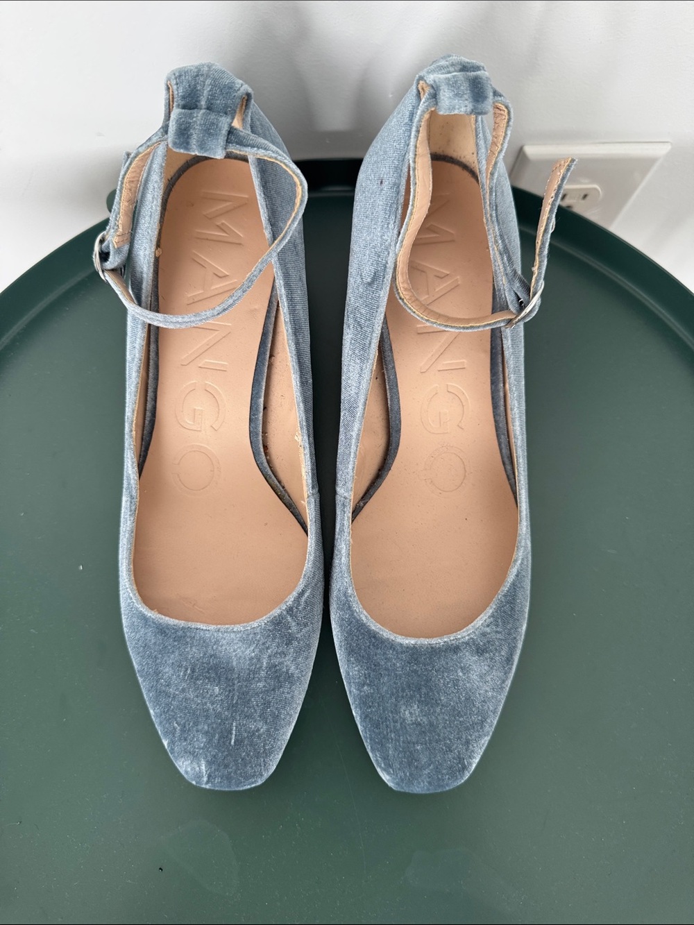 Mango Dusty Blue Velvet Ankle-Strap Flats